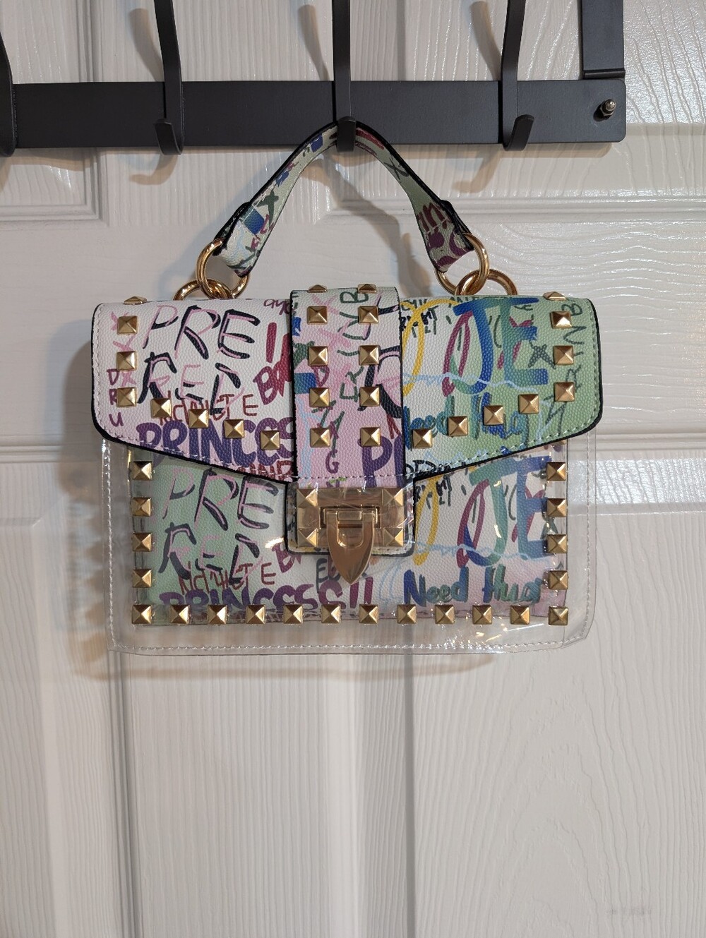 Trendy Graffiti Studded Top-Handle Bag - Multicolor